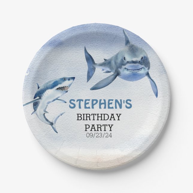 Jawsome Great White Shark Birthday  Watercolor Paper Plates (Front)