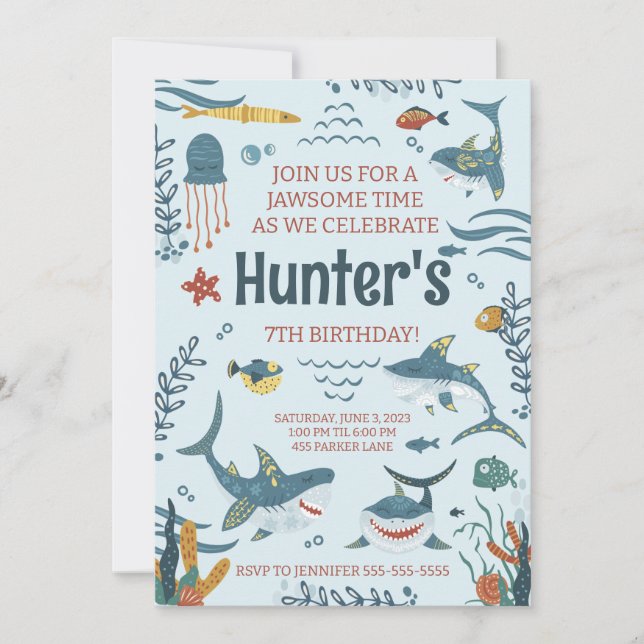 Jawsome Shark Themed Birthday Invitation Any Age (Front)