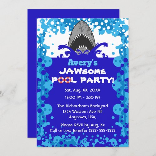 Jawsome Shark Themed Pool Party Birthday Invitation