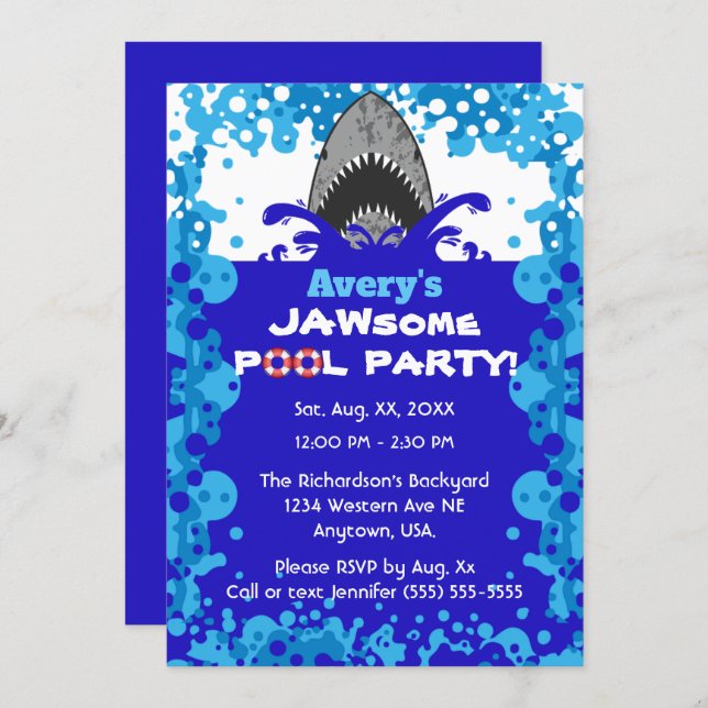 Jawsome Shark Themed Pool Party Birthday Invitation (Front/Back)