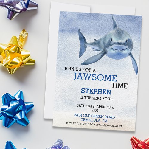 JawSome Time Great White Shark Birthday Watercolor Invitation