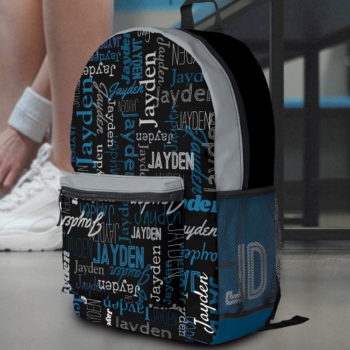 Jayden personalized name blue gray black printed backpack