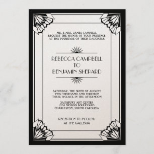 Jazz age black geometric art deco wedding invitation