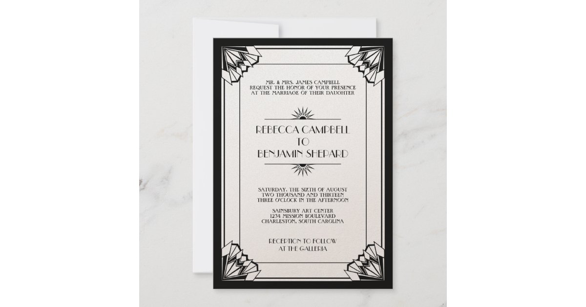 Jazz age black geometric art deco wedding invitation | Zazzle