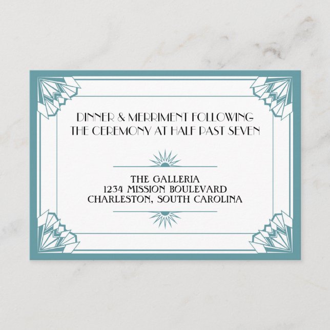 Jazz age blue art deco wedding reception enclosure card (Front)