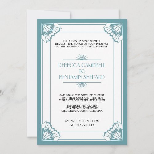 Jazz age blue geometric art deco wedding invitation