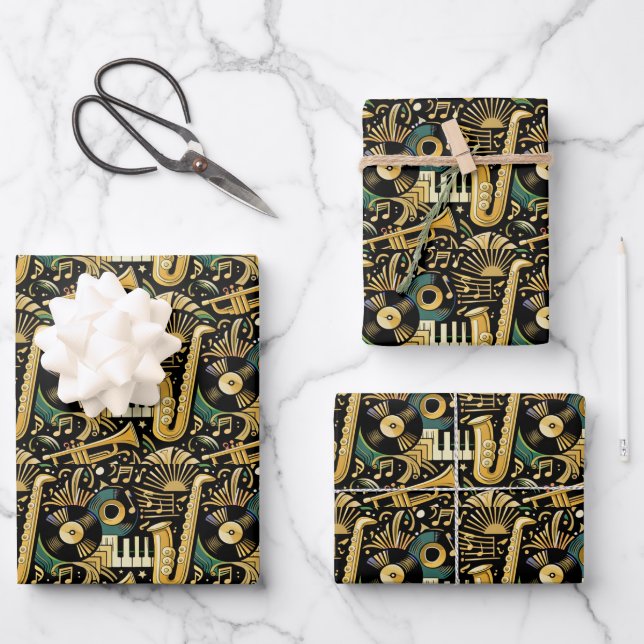 Jazz Age Music Pattern Wrapping Paper Sheets (Front)