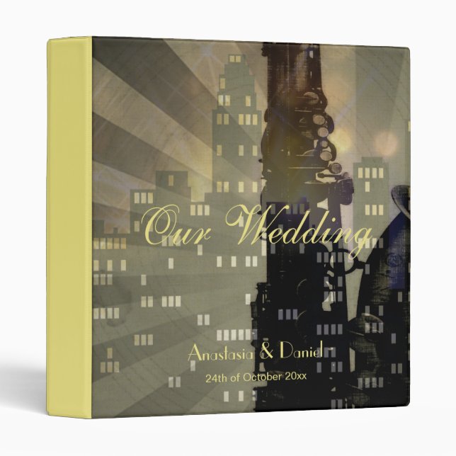 Jazz Age Saxophone City Skyline Wedding Album Binder (Front/Spine)