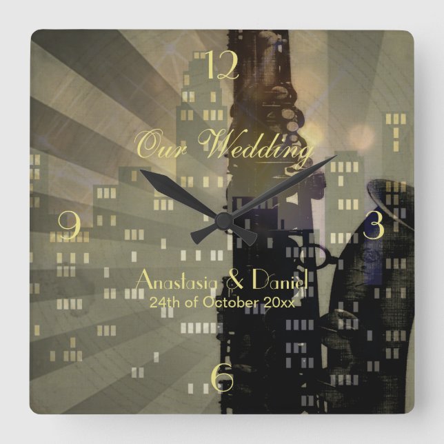 Jazz Age Saxophone City Skyline Wedding Gift Square Wall Clock (Front)