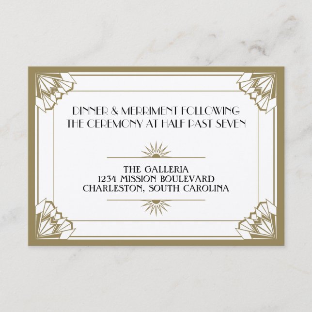 Jazz age taupe art deco wedding reception enclosure card (Front)