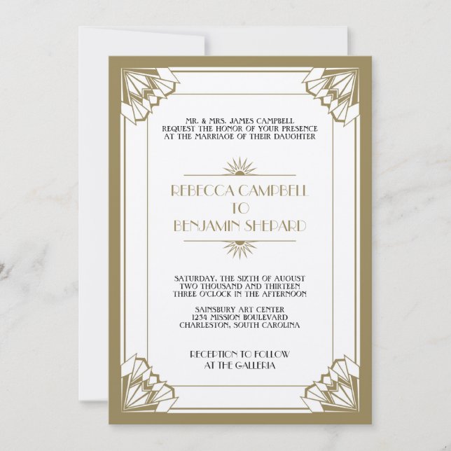 Jazz age taupe geometric art deco wedding invitation (Front)