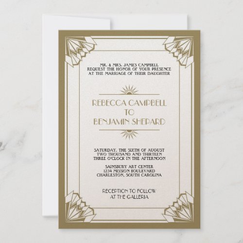 Jazz age taupe geometric art deco wedding invitation