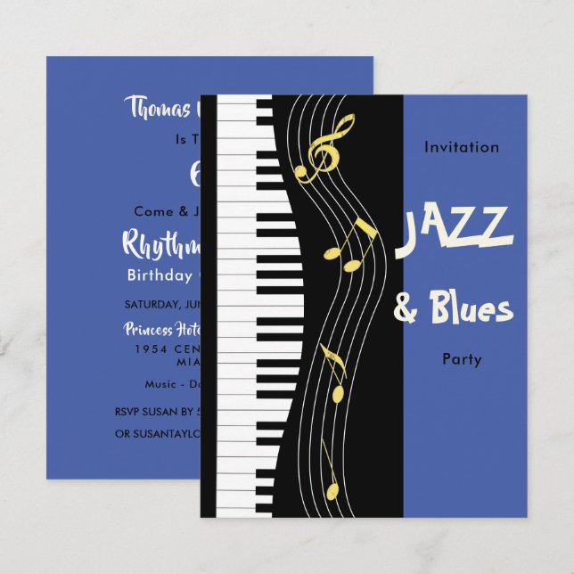 Jazz And Blues Themed Birthday Party Invitation (Front/Back)