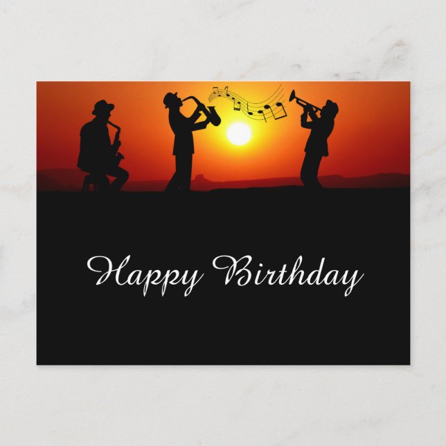 Jazz Band Silhouette Orange Sunset Birthday Postcard (Front)