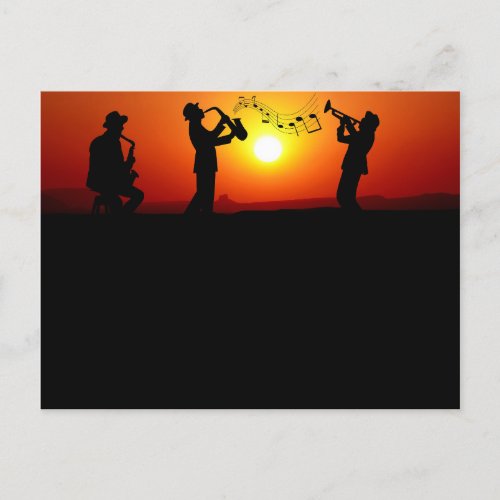 Jazz Band Silhouette Orange Sunset Postcard