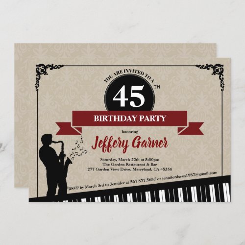 Jazz birthday party invitation Music theme adult