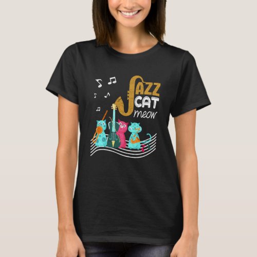 Jazz Cat Band Playing Blues Saxophone Upright Bass T_Shirt