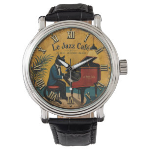 Jazz Cat Funny Piano Vintage Café Music Lover Gift Watch
