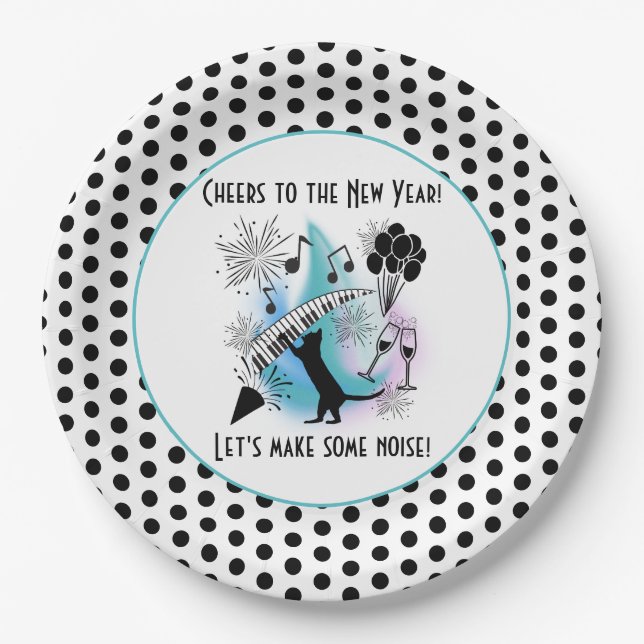 Jazz Cat | Piano | Cheers to the New Year Paper Plates (Front)