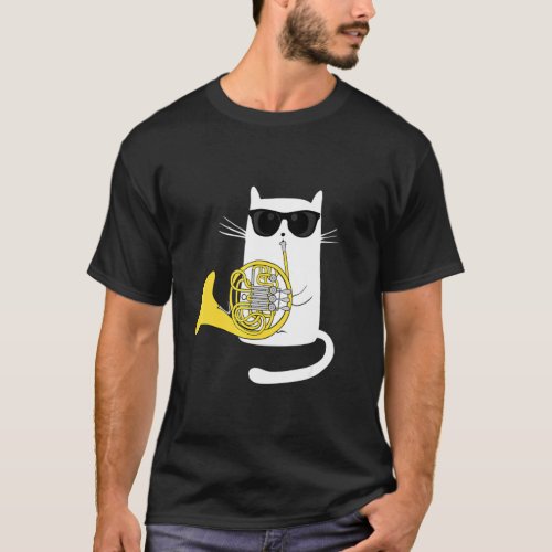 Jazz Cat Playing French Horn Hippy Hipster Kitty T_Shirt