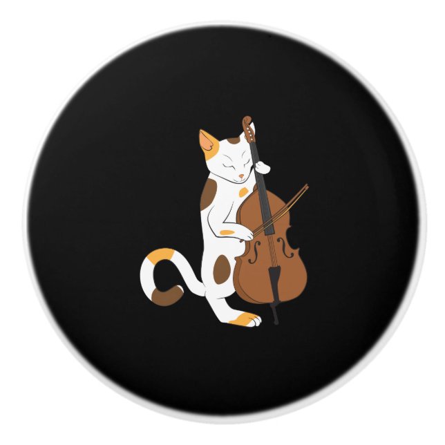 Jazz cat plays upright bass - musician gift ceramic knob (Front)
