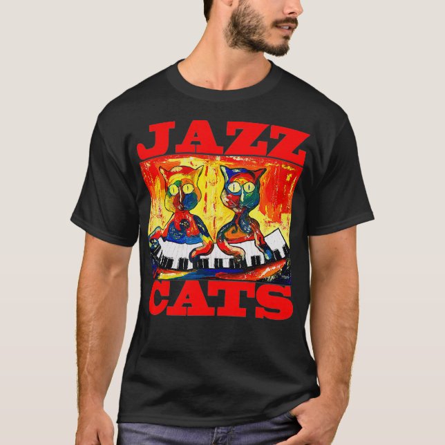 Jazz Cats for Cat Lover Cat Playing Piano Cute T-Shirt (Front)
