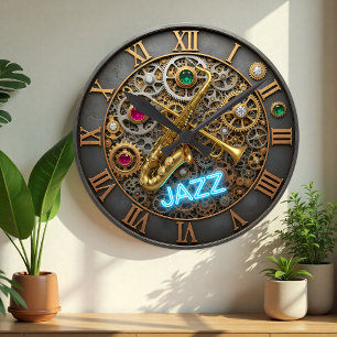Jazz Clock, Neon Light, Trumpet, Saxophone Round Clock