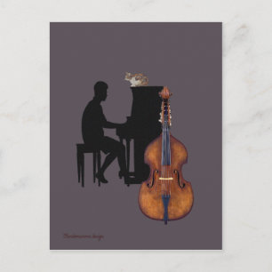 Jazz concert with piano, double-bass and cat postcard