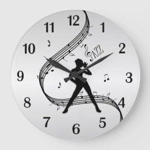 Jazz Dance Silver Black Numbers Large Clock