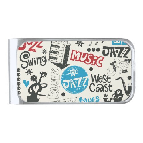 Jazz Doodle Eclectic Music Mix Silver Finish Money Clip