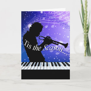 Jazz Horn Player Tis the Season cobalt blue Holiday Card