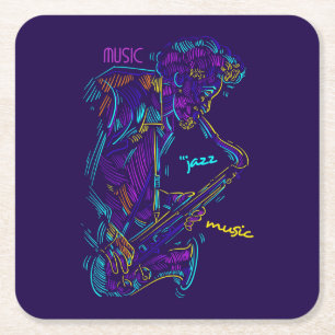 Jazz Music Abstract Neon Drawing Square Paper Coaster