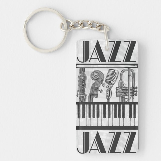 Jazz Music Instruments Black and White Keychain (Front)