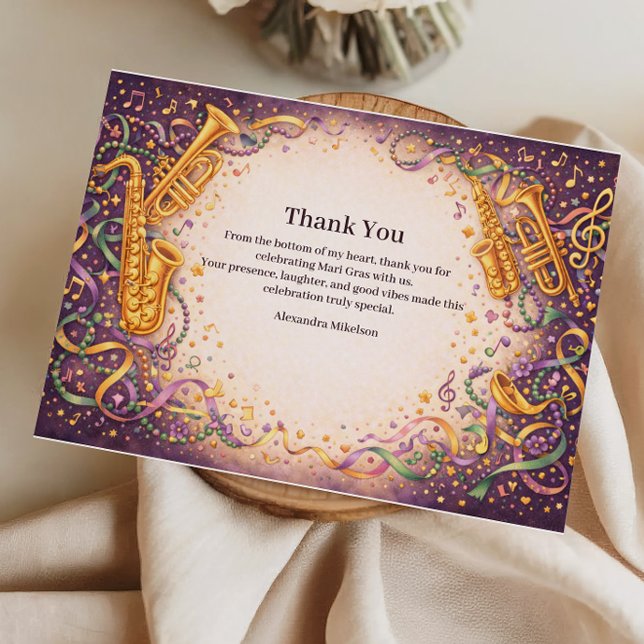 Jazz Music Mardi Gras Masquerade Thank You Card (Creator Uploaded)