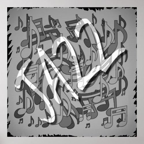 Jazz Music Pattern Dancing Swirling Notes BW Poster