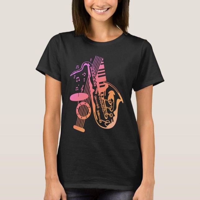 Jazz Music Saxophone Piano Drums Musician T-Shirt (Front)