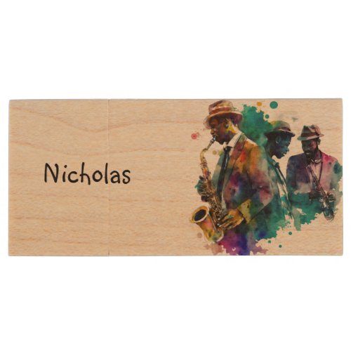 Jazz Musician Band Playing Music Art Wood Flash Drive