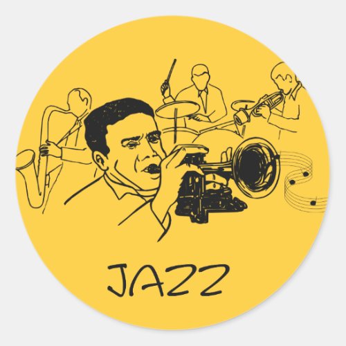 JAZZ musician with trumpet and musical notes Classic Round Sticker