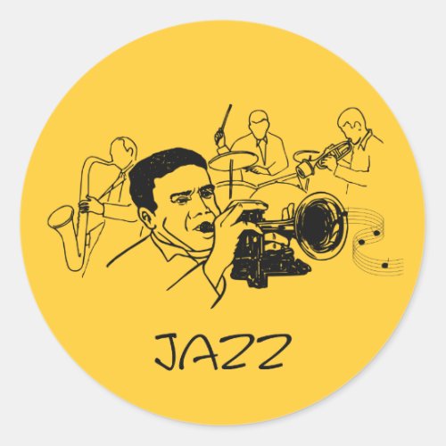 JAZZ musician with trumpet and musical notes Classic Round Sticker