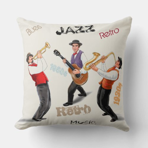 Jazz Musicians Retro Music Blues Vintage Painting Throw Pillow