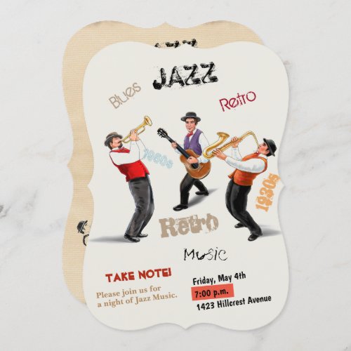 Jazz Musicians Retro Music Vintage Watercolor Invitation