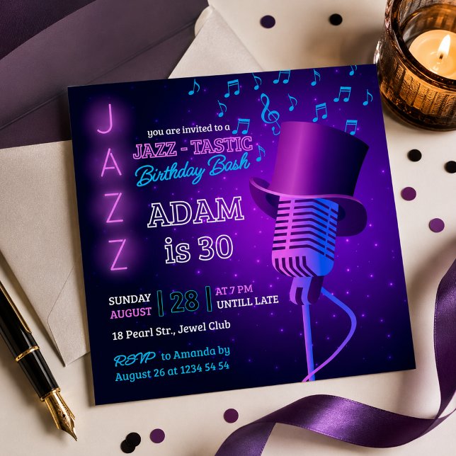 Jazz-Tastic Birthday Bash Retro Neon Invitation (Creator Uploaded)