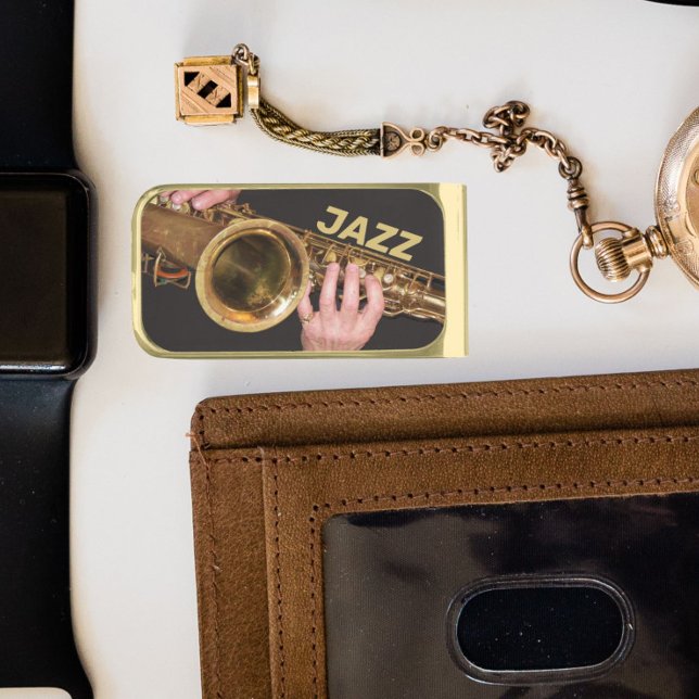 Jazzman Playing Gold Saxophone Finish Money Clip (In Situ)