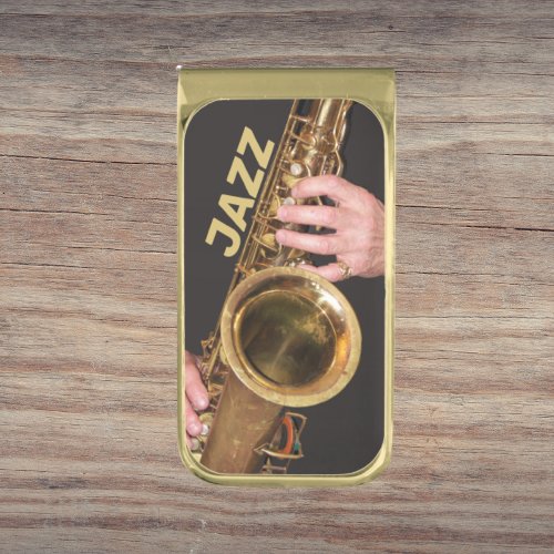 Jazzman Playing Gold Saxophone Gold Finish Money Clip