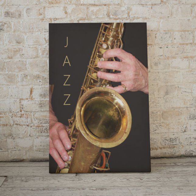 Jazzman Playing Gold Saxophone Photographic Canvas Print ( In Situ (On Floor))