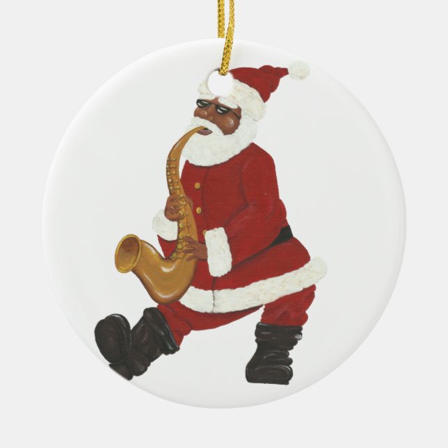 Jazzy Black Santa Christmas Ornament (Front)
