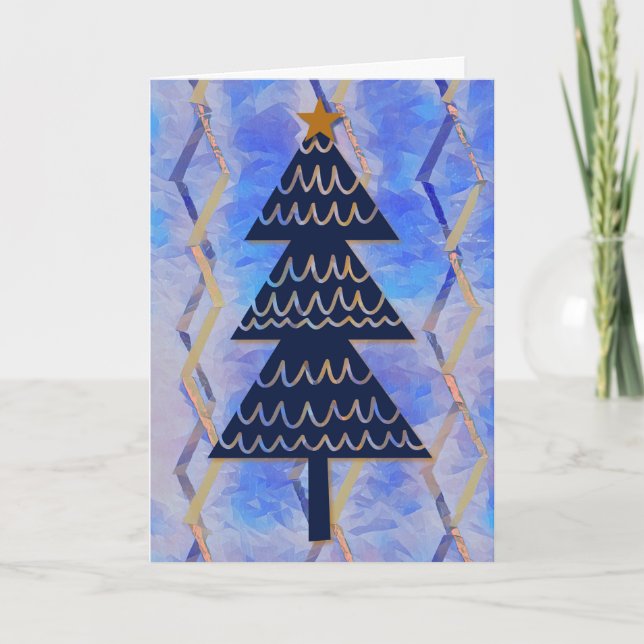 Jazzy Blue Modern Vintage Christmas Holiday Tree Card (Front)