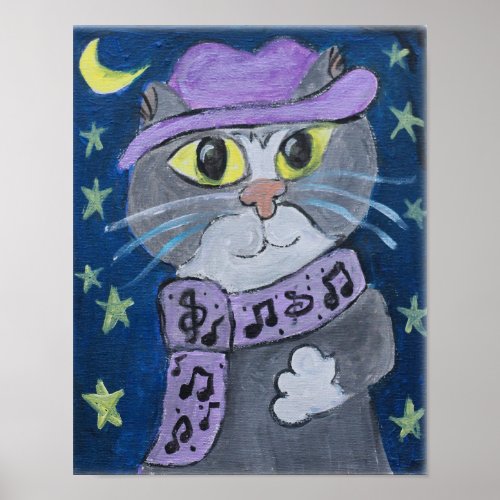 Jazzy Cat Folk Art Poster