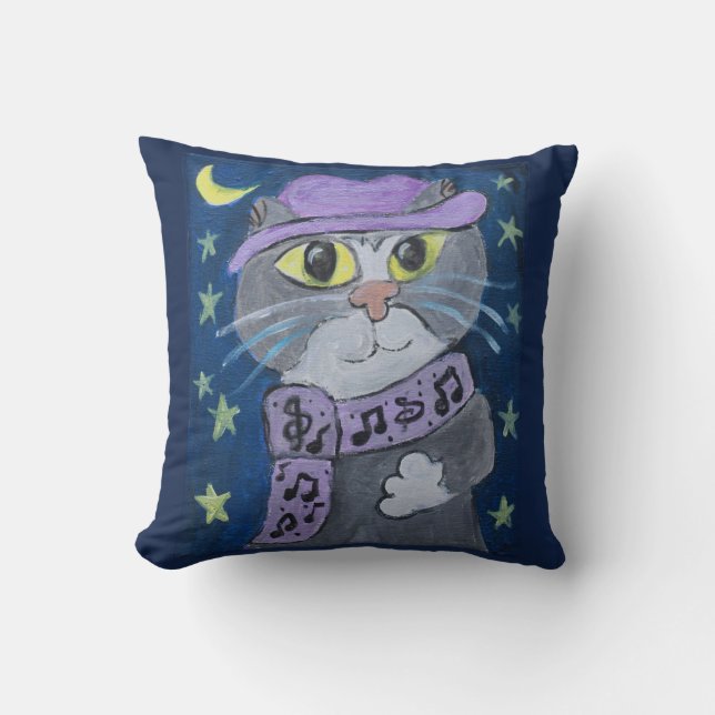 Jazzy Cat Folk Art Throw Pillow (Front)