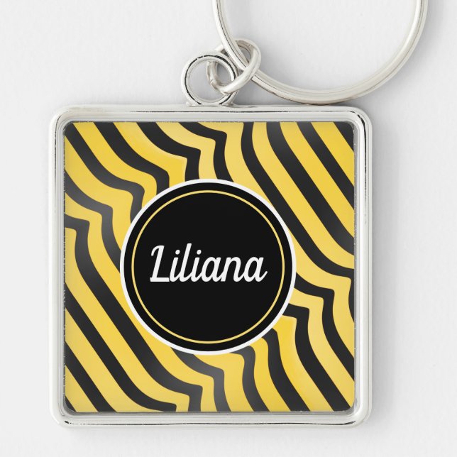 Jazzy Cute Black and Yellow Striped Bumblebee Keychain (Front)